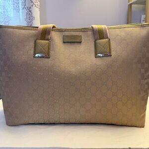Gucci Beige Monogram Tote with Olive Stripe Handles